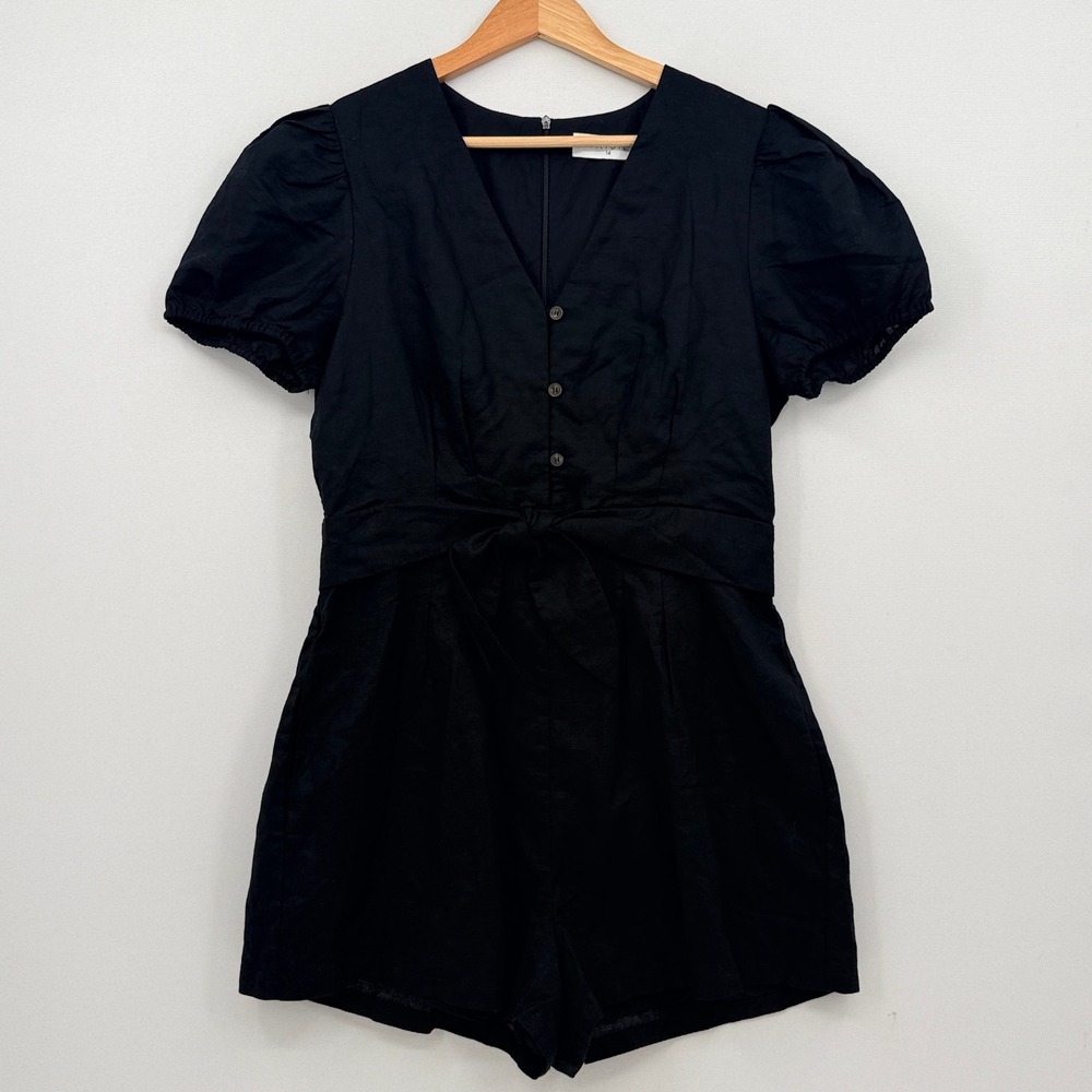 Paisie Romper Womens 14 Black Linen Blend Puff Sleeve Tie Waist Cottagecore NEW